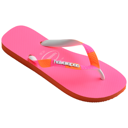 Women's neon pink flip flop with orange and pink striped straps 3/4 side view