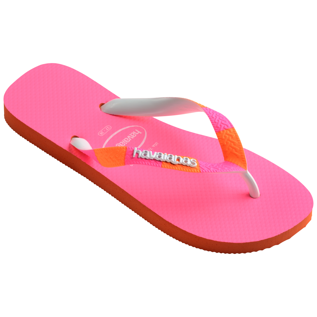 Women's neon pink flip flop with orange and pink striped straps 3/4 side view