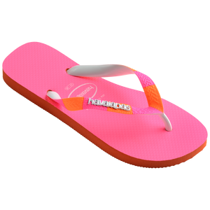 Women's neon pink flip flop with orange and pink striped straps 3/4 side view