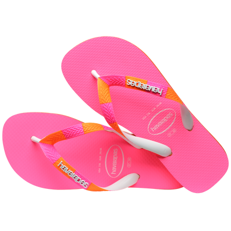 Women's neon pink flip flop with orange and pink striped straps alternate top view