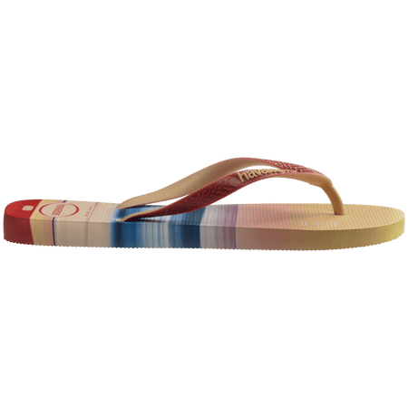 Multicolor flip flop with sunset horizon view over the ocean featuring a surfer side view