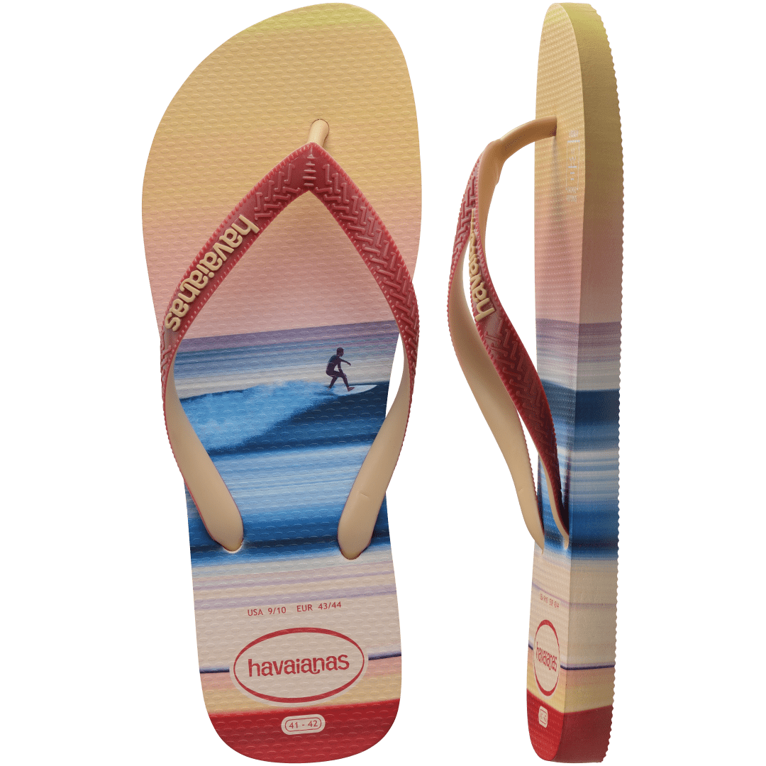 Multicolor flip flop with sunset horizon view over the ocean featuring a surfer top view and side view