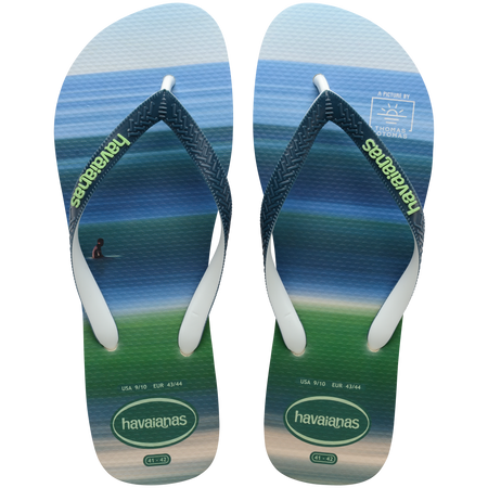 Men's green and blue surf print flip flops top view