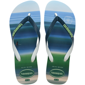 Men's green and blue surf print flip flops top view