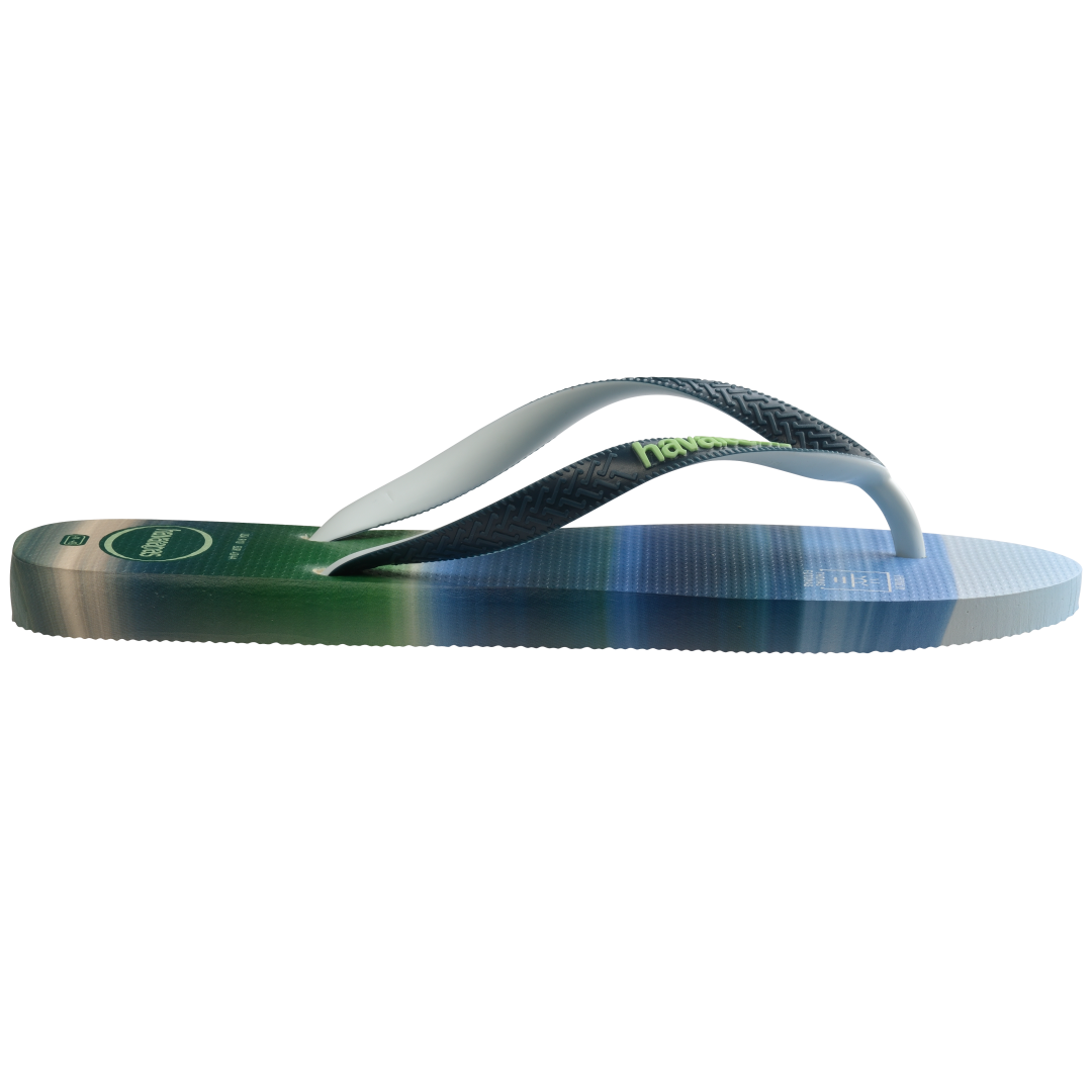 Men's green and blue surf print flip flops side view