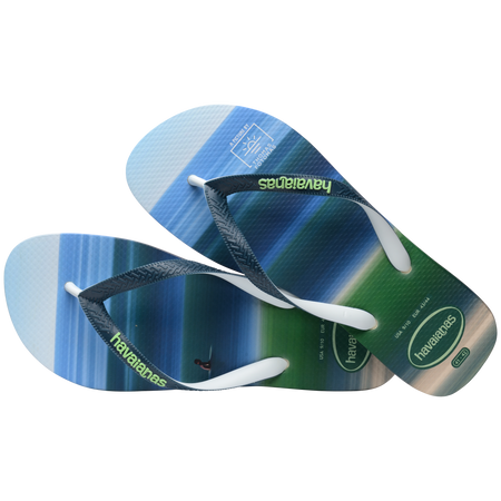 Men's green and blue surf print flip flops alternate top view