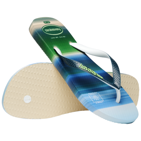 Men's green and blue surf print flip flops top and sole view