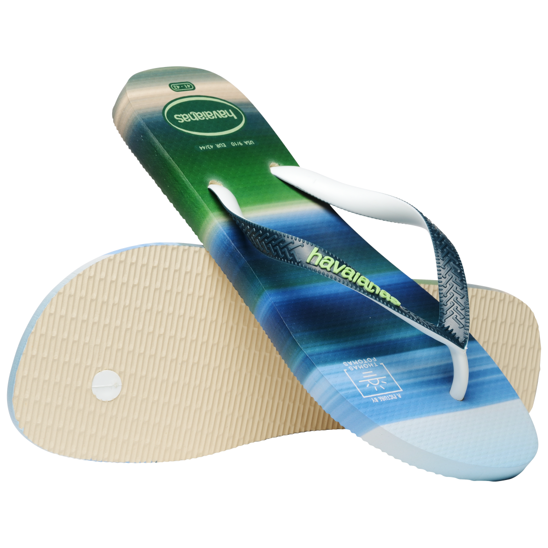 Men's green and blue surf print flip flops top and sole view