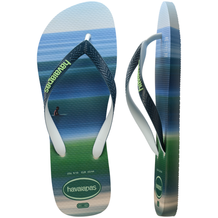 Men's green and blue surf print flip flops top and side view