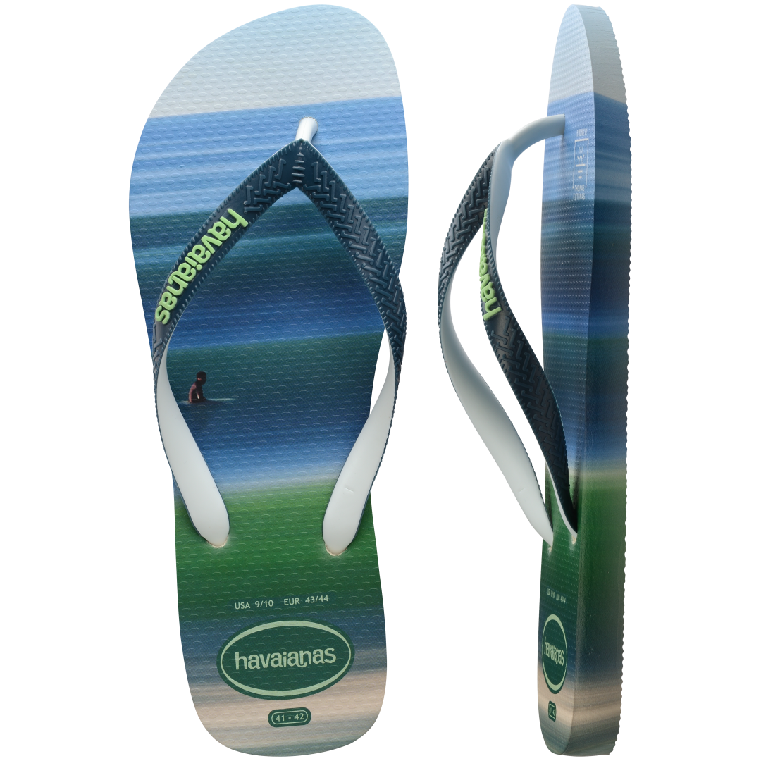 Men's green and blue surf print flip flops top and side view