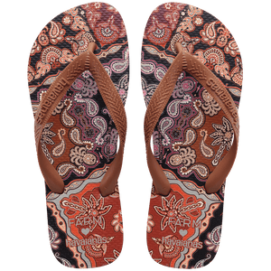 Women's FARM Rio x Havaianas brown, purple, and orange multi color scarf print flip flops top view