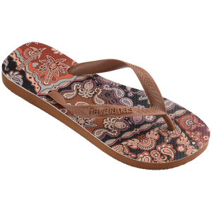 Women's FARM Rio x Havaianas brown, purple, and orange multi color scarf print flip flops 3/4 side view