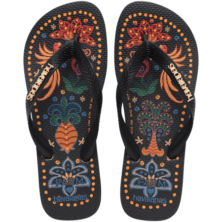 Women's FARM Rio x Havaianas tropical print with flowers, pineapples and old dots around the edge of the sole, top view