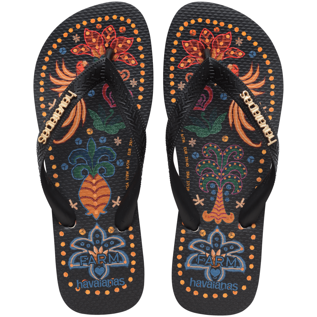 Women's FARM Rio x Havaianas tropical print with flowers, pineapples and old dots around the edge of the sole, top view