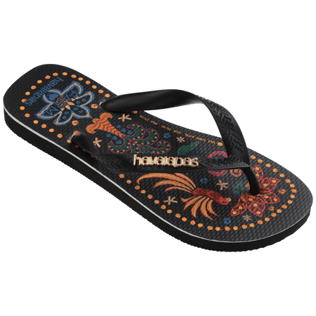 Women's FARM Rio x Havaianas tropical print with flowers, pineapples and old dots around the edge of the sole, right 3/4 view