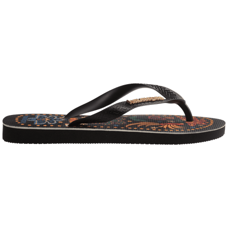 Women's FARM Rio x Havaianas tropical print with flowers, pineapples and old dots around the edge of the sole, side view