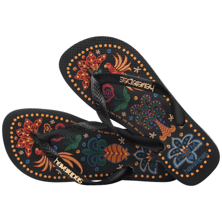 Women's FARM Rio x Havaianas tropical print with flowers, pineapples and old dots around the edge of the sole, alternate top view