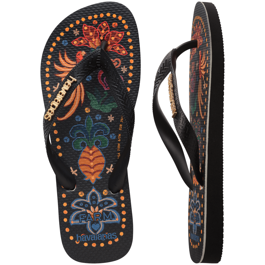 Women's FARM Rio x Havaianas tropical print with flowers, pineapples and old dots around the edge of the sole, top and side view