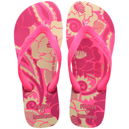 Women's FARM Rio x Havaianas pink and cream floral print flip flop with neon pink straps, top view