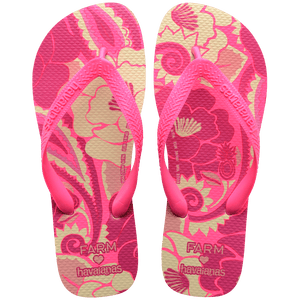 Women's FARM Rio x Havaianas pink and cream floral print flip flop with neon pink straps, top view