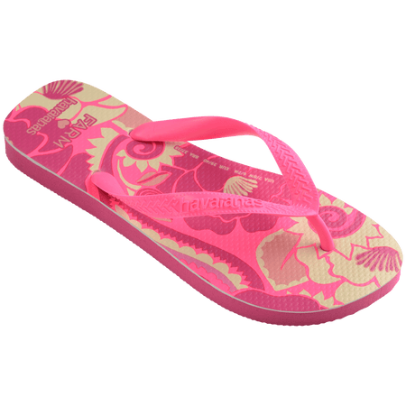 Women's FARM Rio x Havaianas pink and cream floral print flip flop with neon pink straps, right 3/4 side view