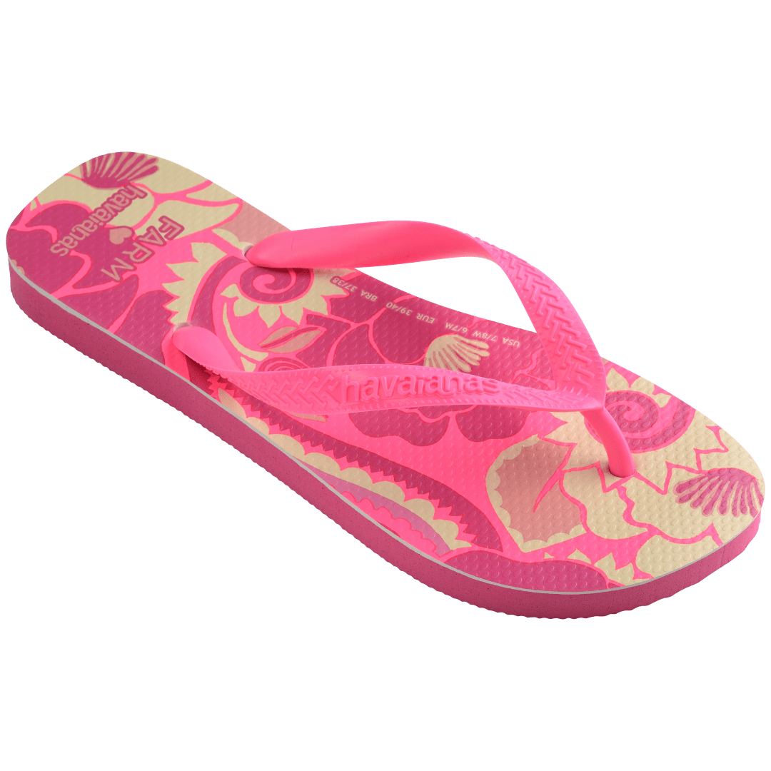 Women's FARM Rio x Havaianas pink and cream floral print flip flop with neon pink straps, right 3/4 side view