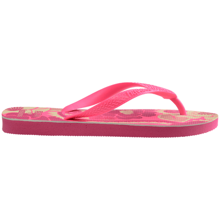 Women's FARM Rio x Havaianas pink and cream floral print flip flop with neon pink straps, side view