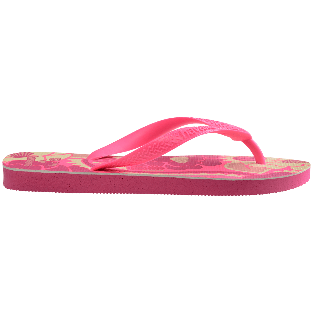 Women's FARM Rio x Havaianas pink and cream floral print flip flop with neon pink straps, side view