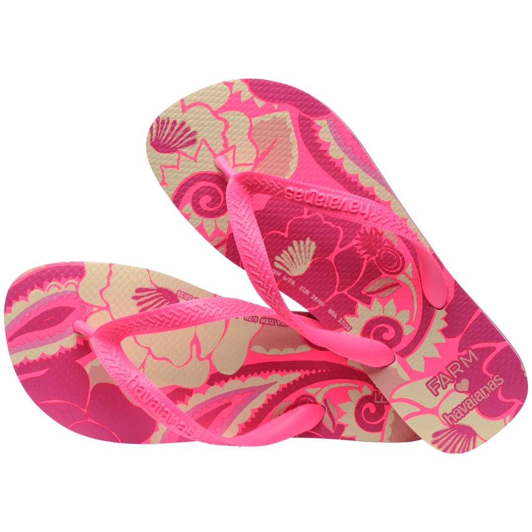 Women's FARM Rio x Havaianas pink and cream floral print flip flop with neon pink straps, alternate top view