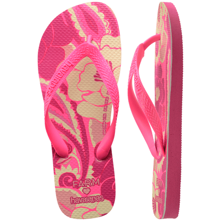 Women's FARM Rio x Havaianas pink and cream floral print flip flop with neon pink straps, top and side view