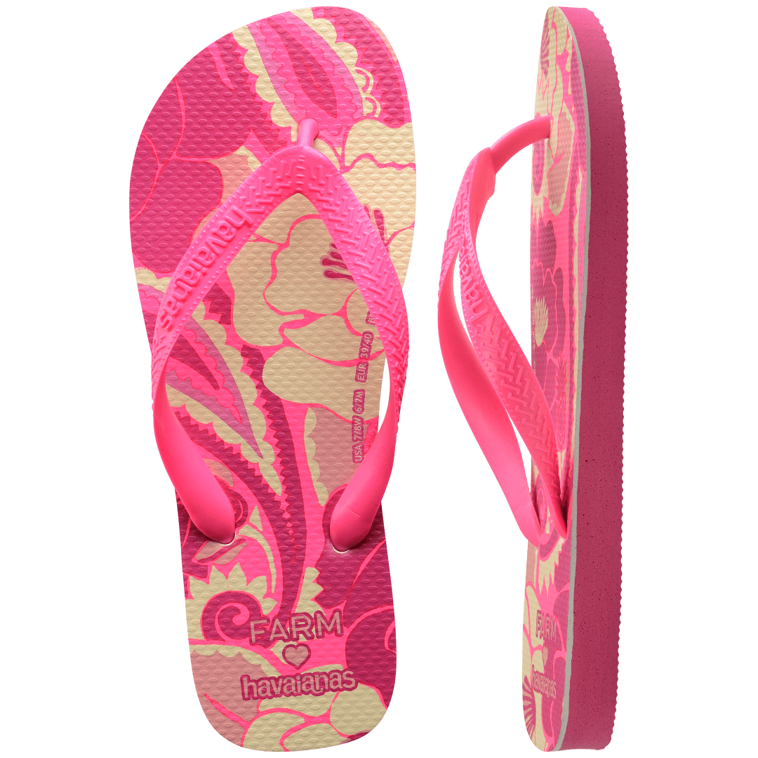 Women's FARM Rio x Havaianas pink and cream floral print flip flop with neon pink straps, top and side view