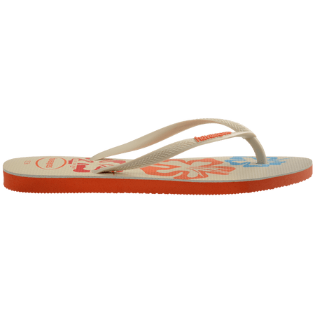 Women's cream flip flop with blue, orange and red flowers and orange printed Hawaii on the left foot side view showing orange sole