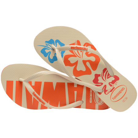 Women's cream flip flop with blue, orange and red flowers and orange printed Hawaii on the left foot alternate top view