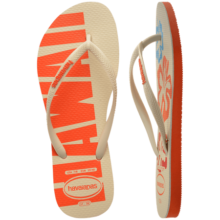 Women's cream flip flop with blue, orange and red flowers and orange printed Hawaii on the left foot top and side view showing orange sole