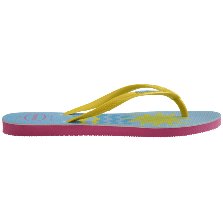 Women's light blue flip flops with yellow straps and pink Miami print on the left foot and yellow sun and blue waves print on the right foot side view showing pink sole