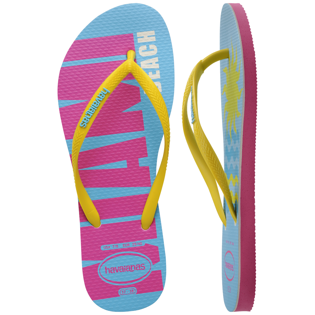 Women's light blue flip flops with yellow straps and pink Miami print on the left foot and yellow sun and blue waves print on the right foot top and side view showing pink sole