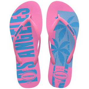 Women's bright pink and blue flip flop with Los Angeles printed on left footbed and palm trees on the right footbed, top view