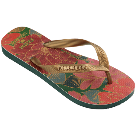 Women's FARM Rio x Havaianas flip flops with red floral print and gold straps 3/4 side view