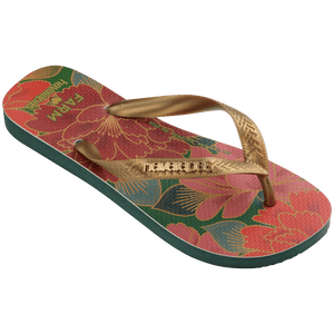 Women's FARM Rio x Havaianas flip flops with red floral print and gold straps 3/4 side view