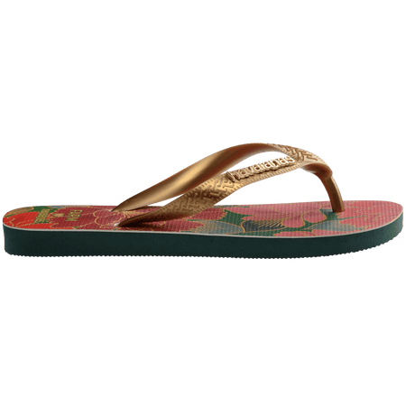 Women's FARM Rio x Havaianas flip flops with red floral print and gold straps side view