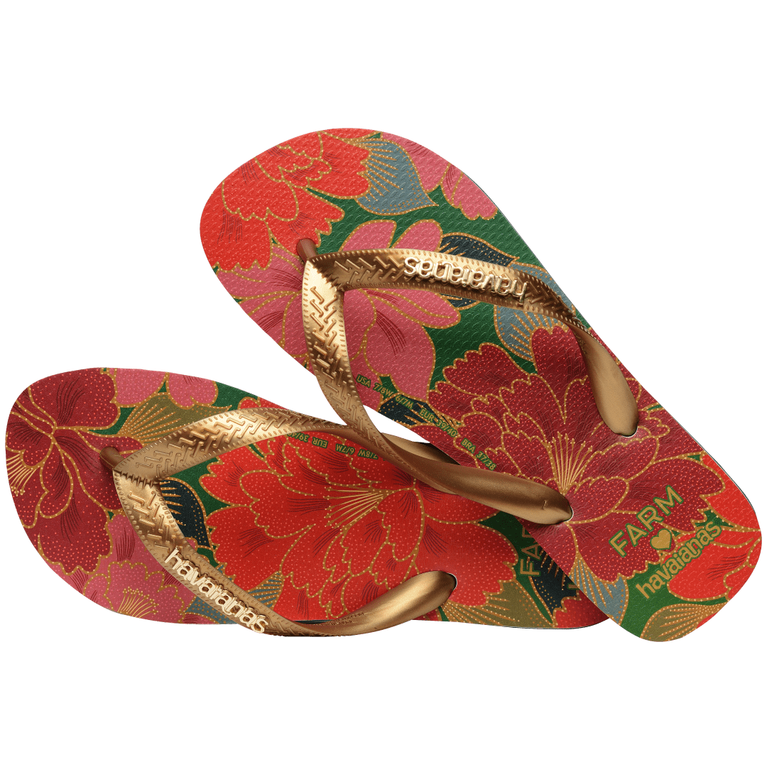 Women's FARM Rio x Havaianas flip flops with red floral print and gold straps alternate top view