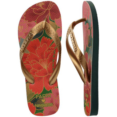 Women's FARM Rio x Havaianas flip flops with red floral print and gold straps top and side view