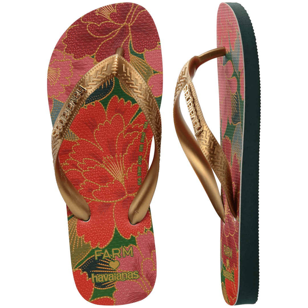 Women's FARM Rio x Havaianas flip flops with red floral print and gold straps top and side view