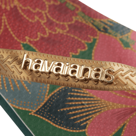 Women's FARM Rio x Havaianas flip flops with red floral print and gold straps and gold logo detail view