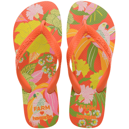 Women's FARM Rio x Havaianas orange, pink, yellow and green print flip flops with flowers, parrots and plants and orange straps top view