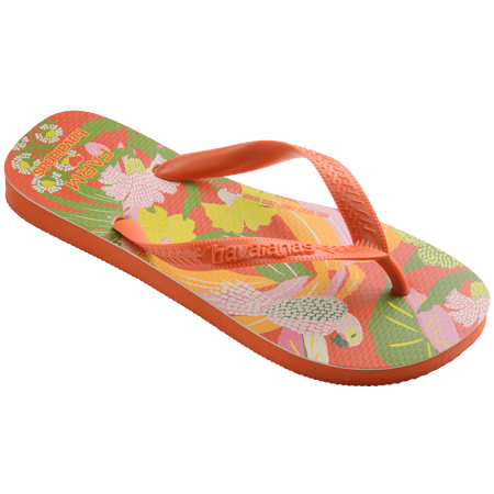 Women's FARM Rio x Havaianas orange, pink, yellow and green print flip flops with flowers, parrots and plants and orange straps 3/4 side view