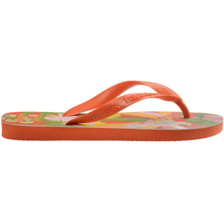 Women's FARM Rio x Havaianas orange, pink, yellow and green print flip flops with flowers, parrots and plants and orange straps side view