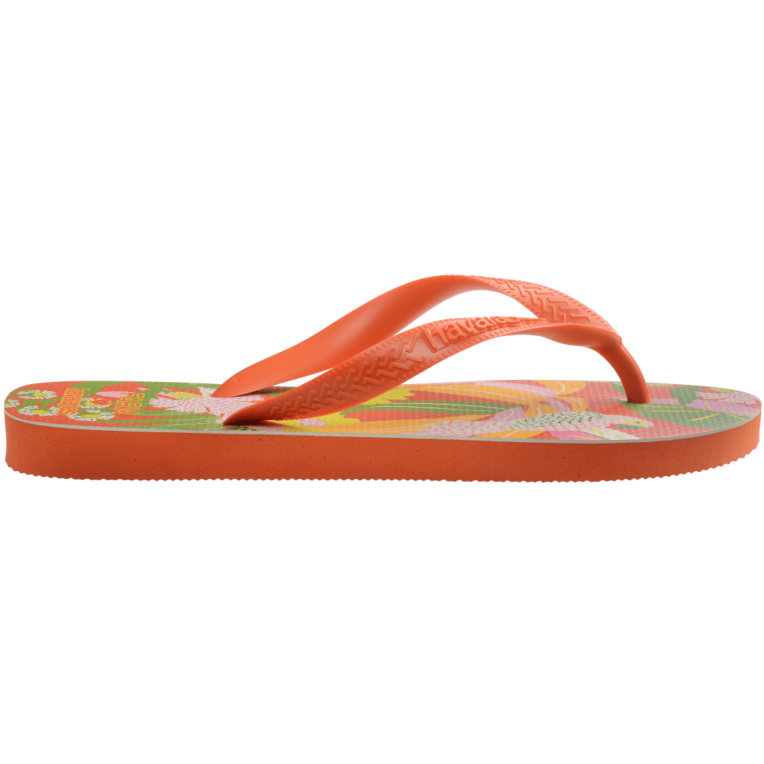 Women's FARM Rio x Havaianas orange, pink, yellow and green print flip flops with flowers, parrots and plants and orange straps side view