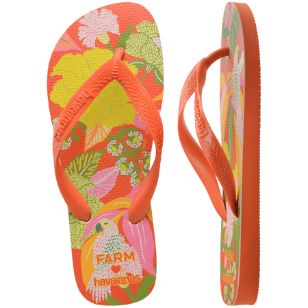 Women's FARM Rio x Havaianas orange, pink, yellow and green print flip flops with flowers, parrots and plants and orange straps top and side view