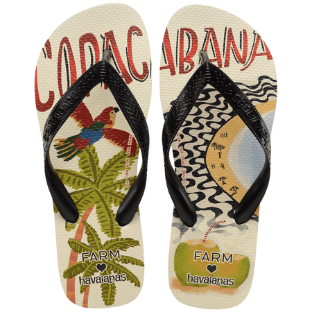 women's FARM Rio x Havaianas flip flop with Copacabana text, parrot, palm trees and beach scene top view 